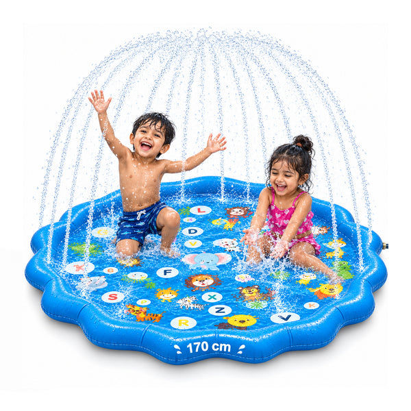 Round inflatable splash pad with a sprinkler ring spraying water upward