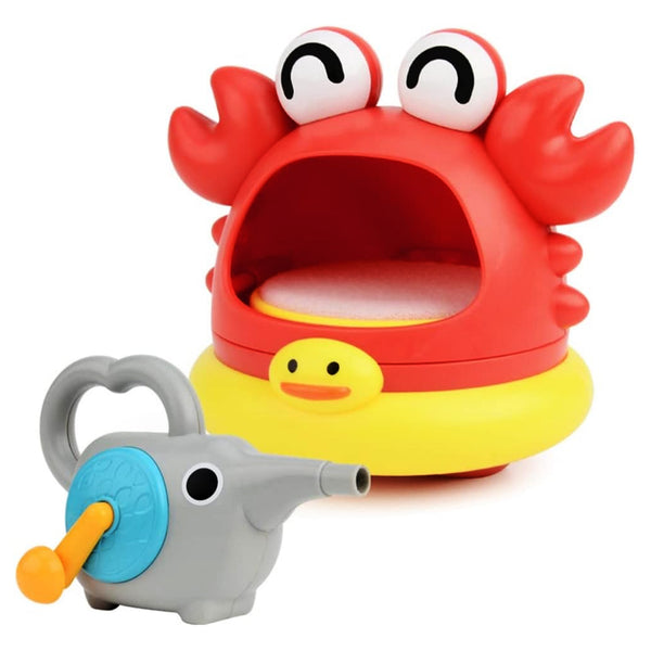 Crab-shaped bath bubble machine producing a stream of bubbles