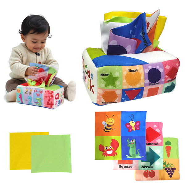 Soft fabric tissue box toy with crinkly coloured scarves pulled from the top