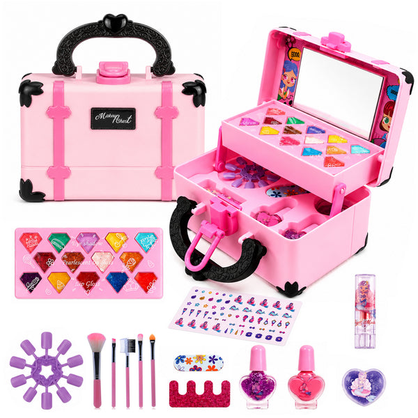 Pretend makeup set in a suitcase-style case, open to show beauty accessories
