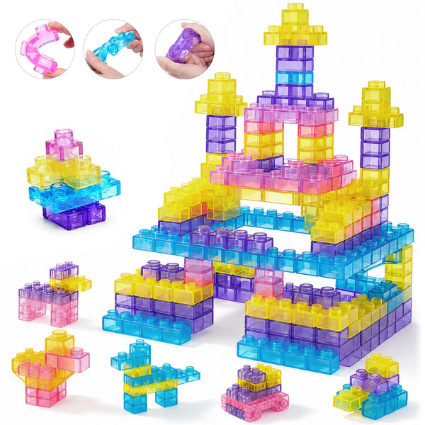 Forty soft building blocks in bright colours with raised patterns on each face
