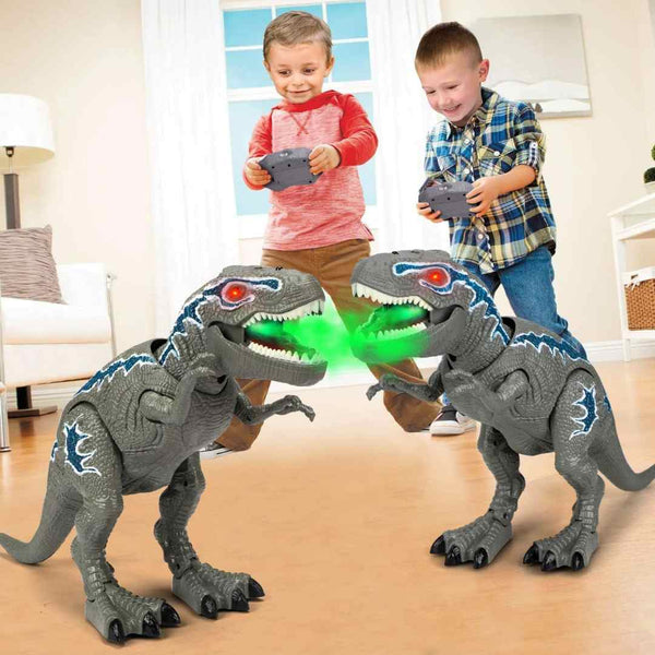 Remote-control T-Rex dinosaur toy with glowing eyes beside its handheld controller