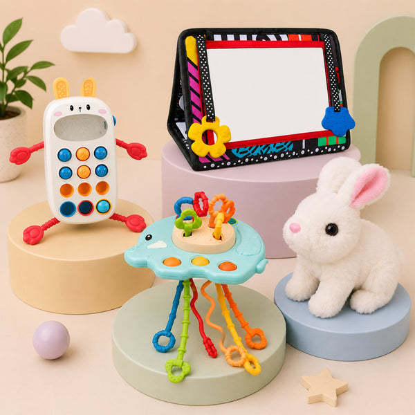 Four-piece baby activity hamper with sensory, tummy time and teething toys