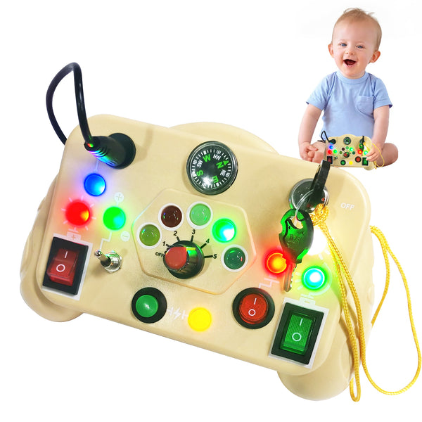 Board panel covered with different light switches that turn on coloured LEDs