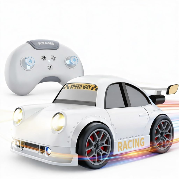 Small remote-control drift car angled into a turn with its controller alongside