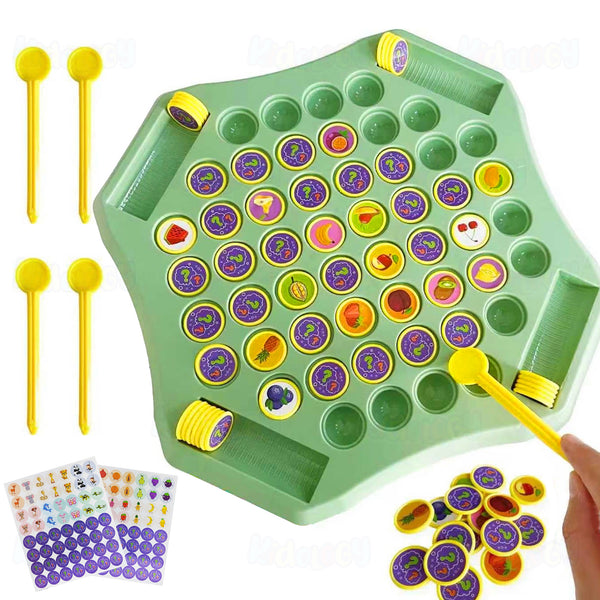 Memory game board with animal picture tiles, some turned face up
