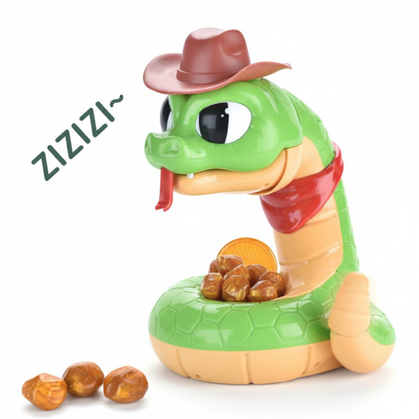Toy rattlesnake with an open mouth, shown coiled ready to strike in the game