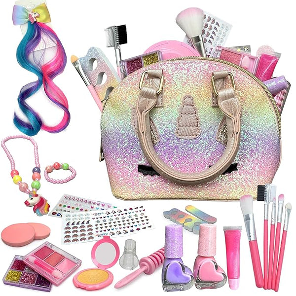 Unicorn-themed pretend makeup and accessory set laid out in its glittery case