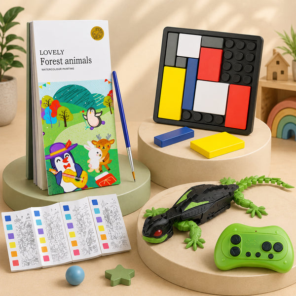 Gift hamper with a remote-control wall-climbing lizard and a logic jigsaw puzzle