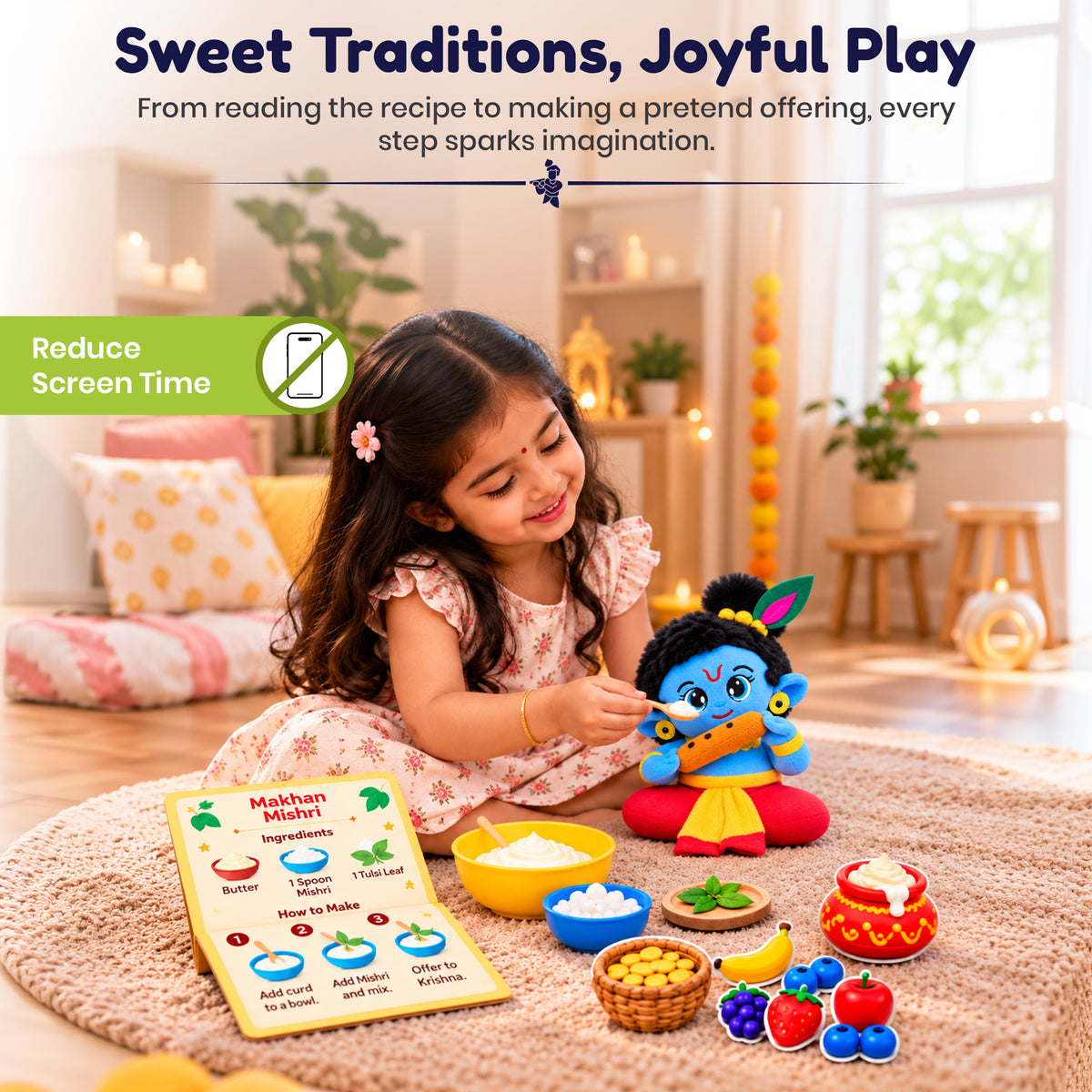 Krishna’s Divine Storytelling & Pretend Playset – With Makhan Recipe Card, Music & Mantra Chanting