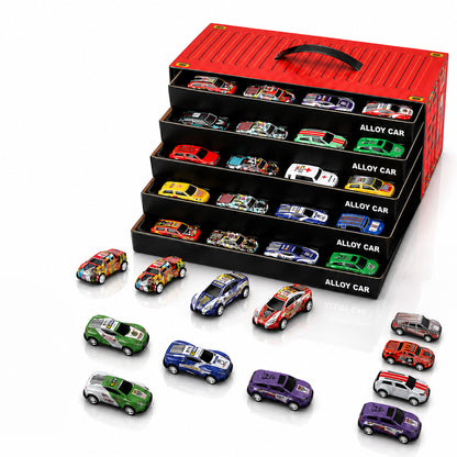 Forty-eight small die-cast pull-back cars in assorted colours and designs