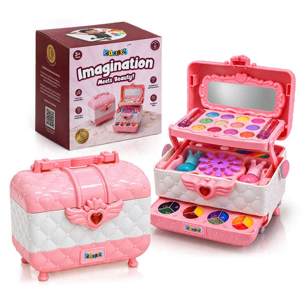 Pretend-play makeup box open to show eyeshadow palettes, blushes and lipsticks