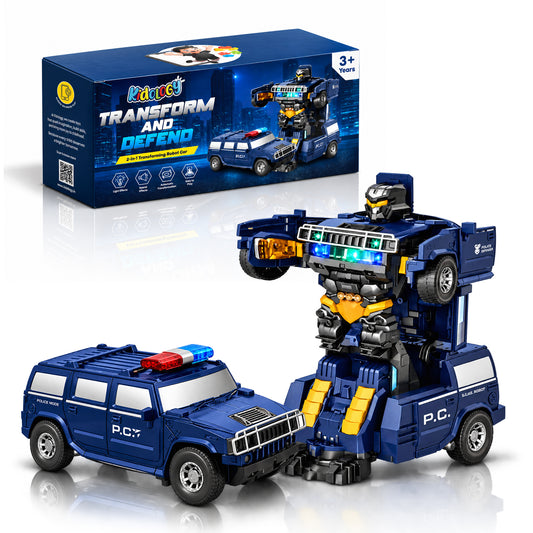 Toy police SUV shown alongside the battle robot it transforms into