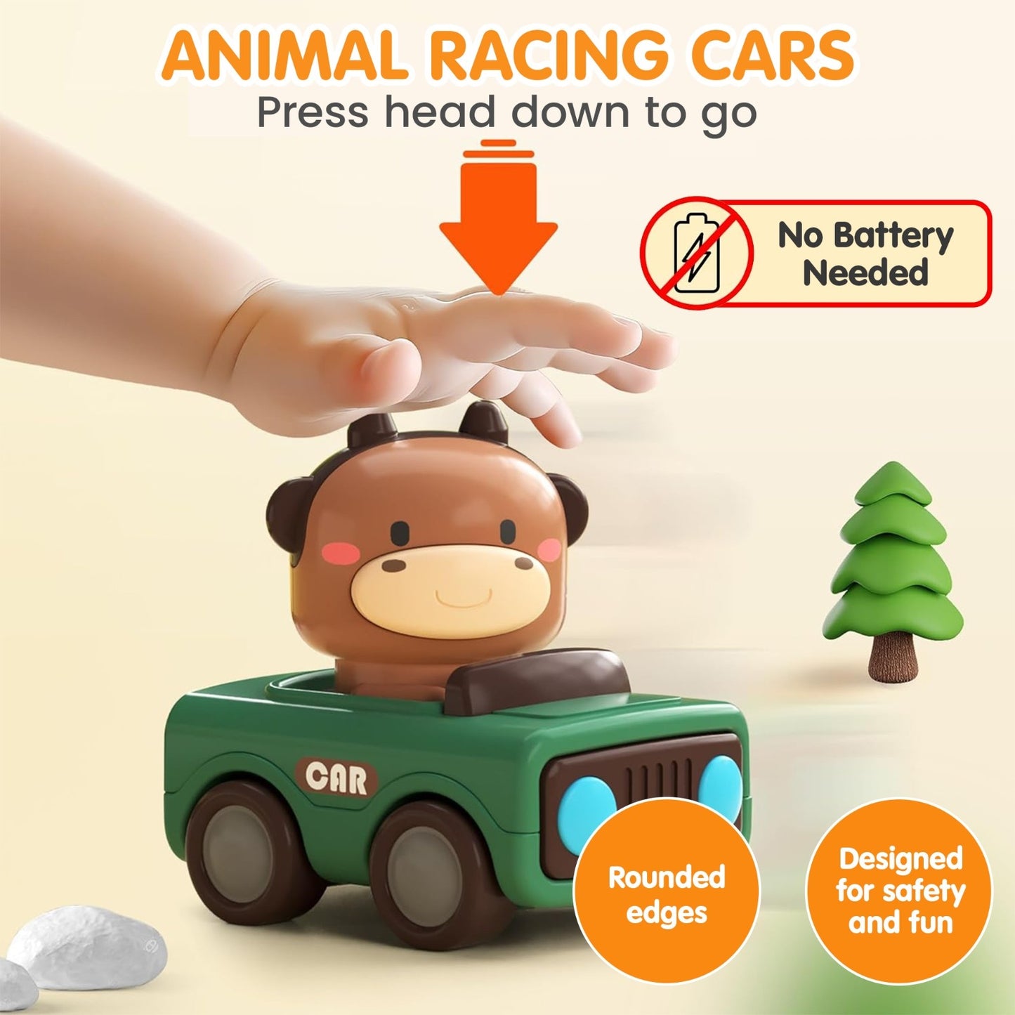 Big Head Animals Press & Go Racing Cars