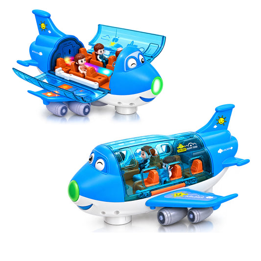 Toy aeroplane with cartoon crew figures, flashing lights and a spinning propeller
