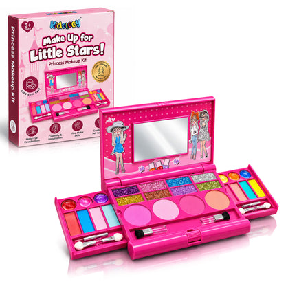 Pretend makeup kit shaped like a small laptop, opened to reveal colour palettes