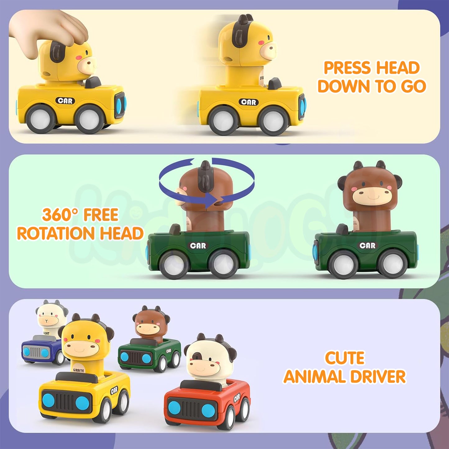 Big Head Animals Press & Go Racing Cars