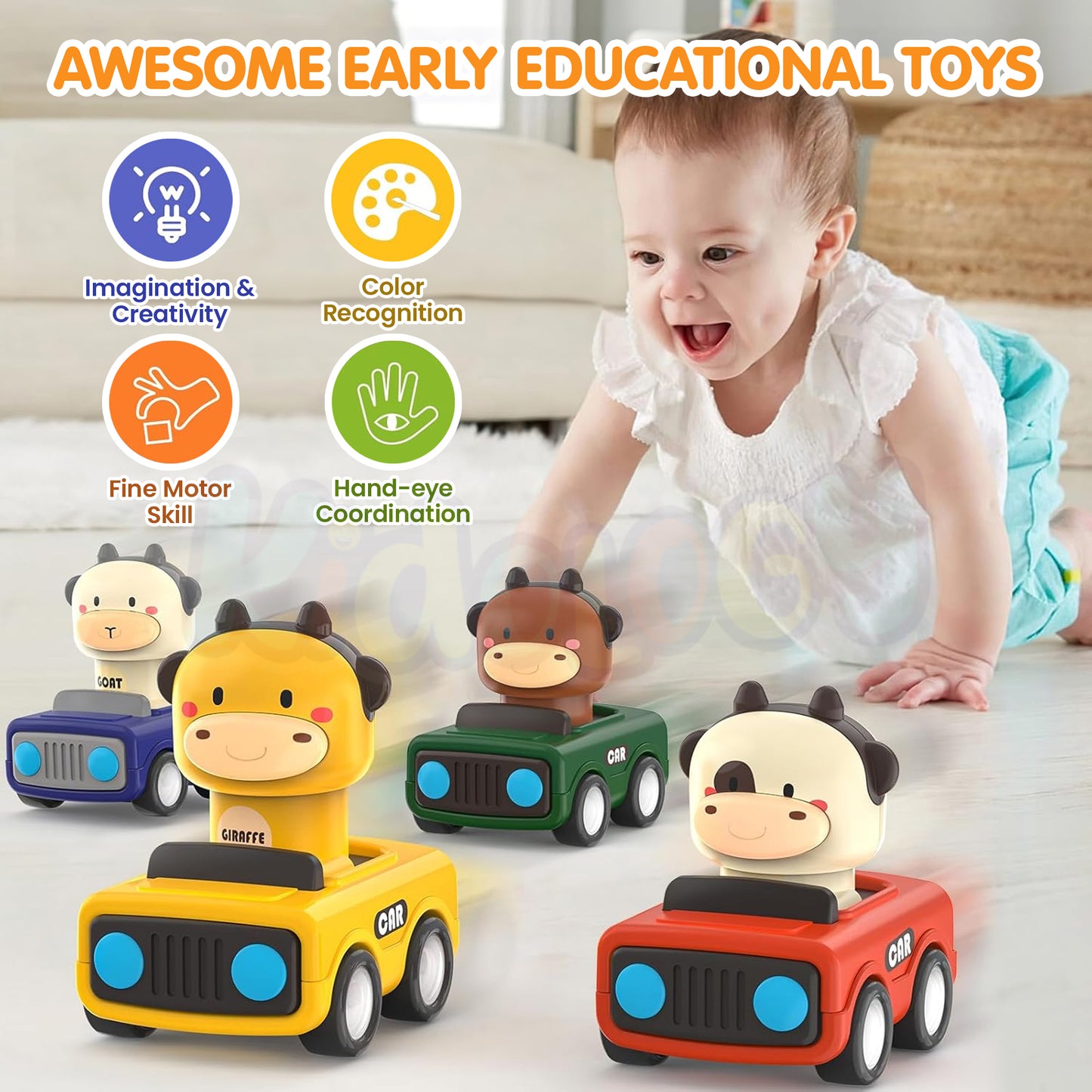 Big Head Animals Press & Go Racing Cars