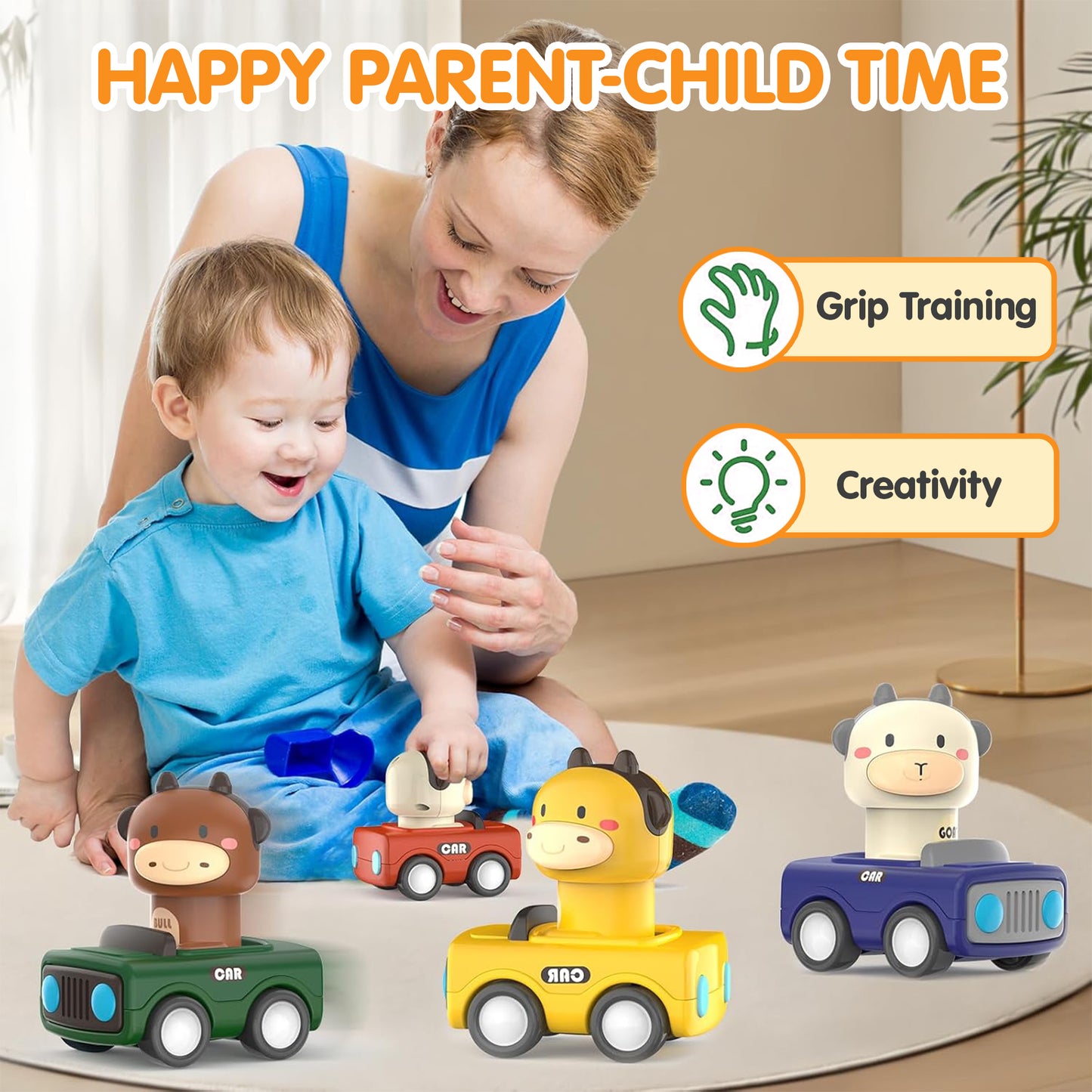 Big Head Animals Press & Go Racing Cars