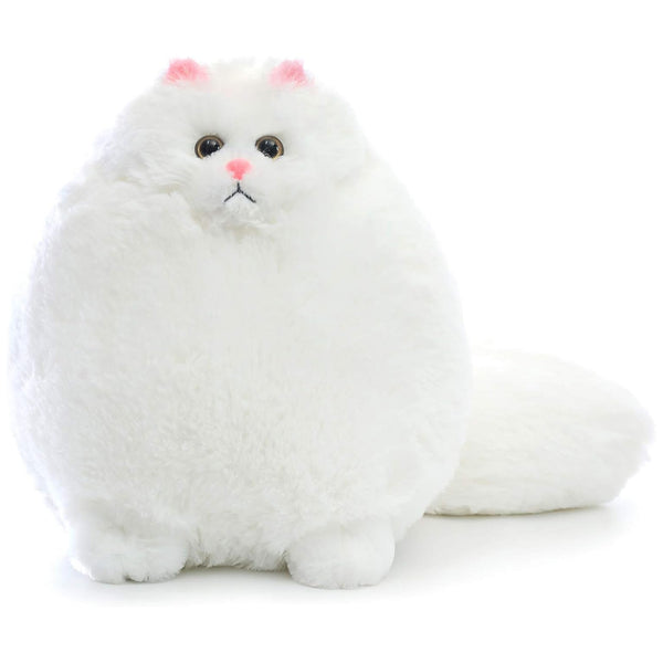 Fluffy plush Persian cat with a thick tail, small black eyes and a pink nose