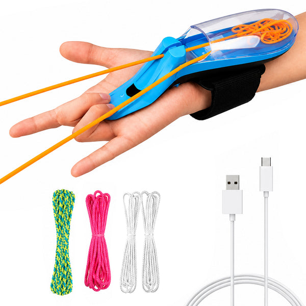 Handheld web shooter toy spinning a fast loop of string in the air