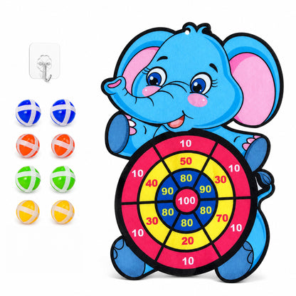 Soft fabric dart board with an elephant design and sticky hook-and-loop balls, by Kidology