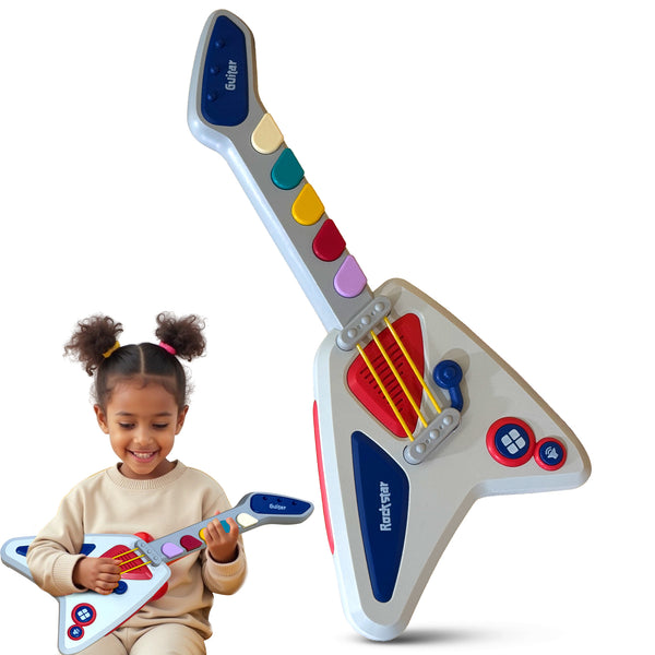 Toy electric guitar with light-up buttons along the neck and sound controls