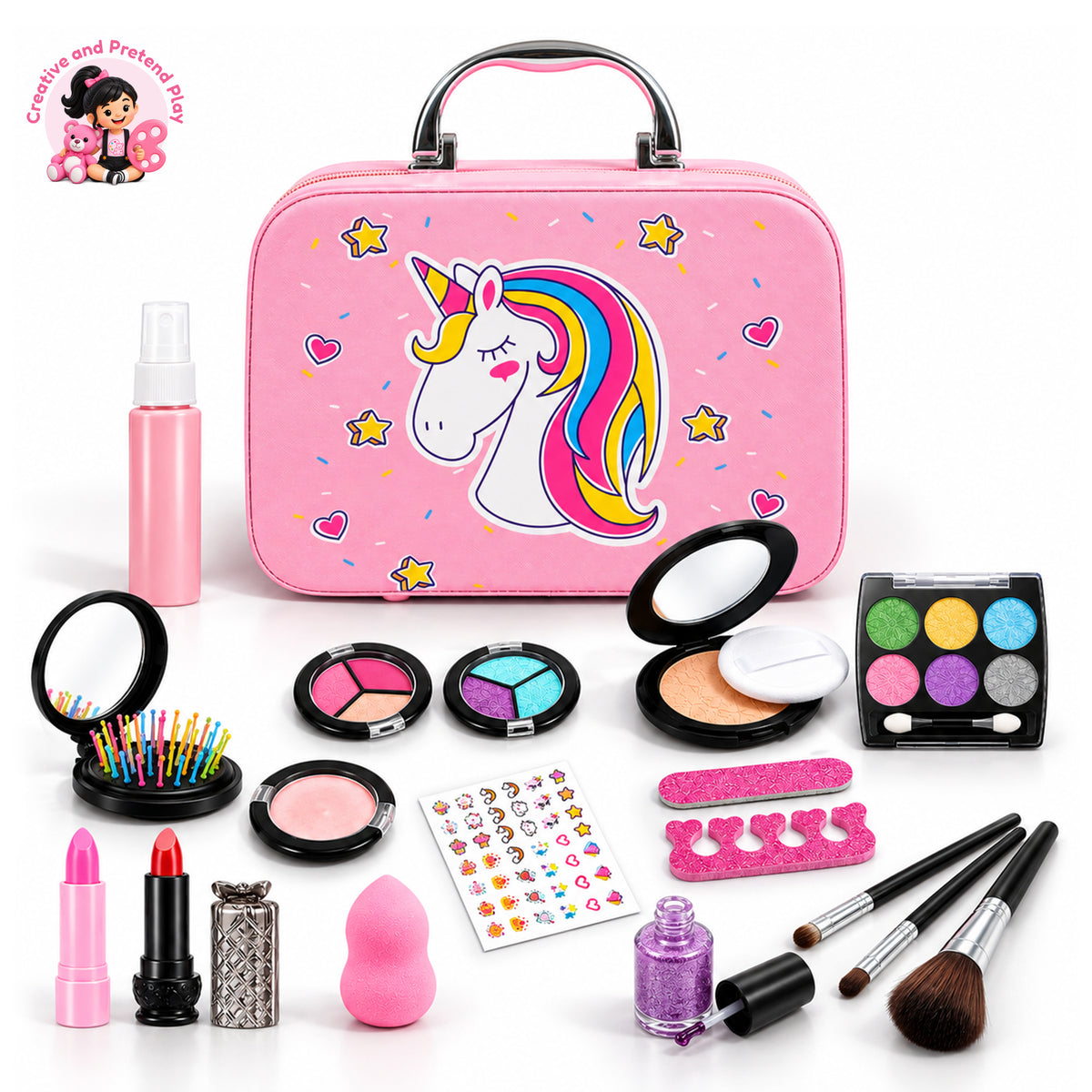 Unicorn-themed kids makeup suitcase with washable cosmetics, by Kidology