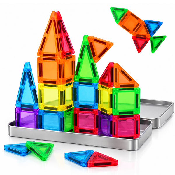 Thirty-six magnetic tiles in bright colours with a sample structure alongside
