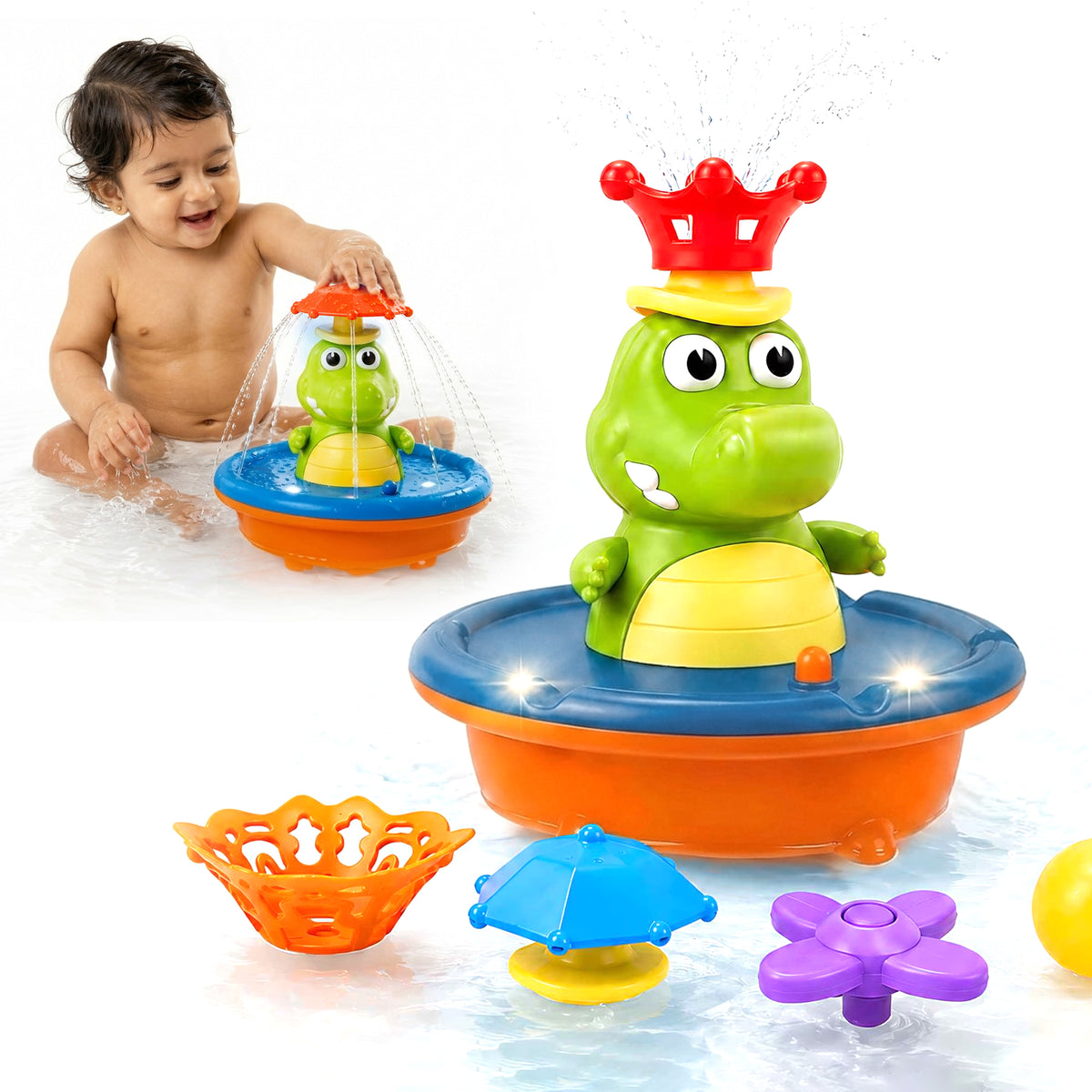 Crocodile bath toy spraying a fountain of water from its back, by Kidology