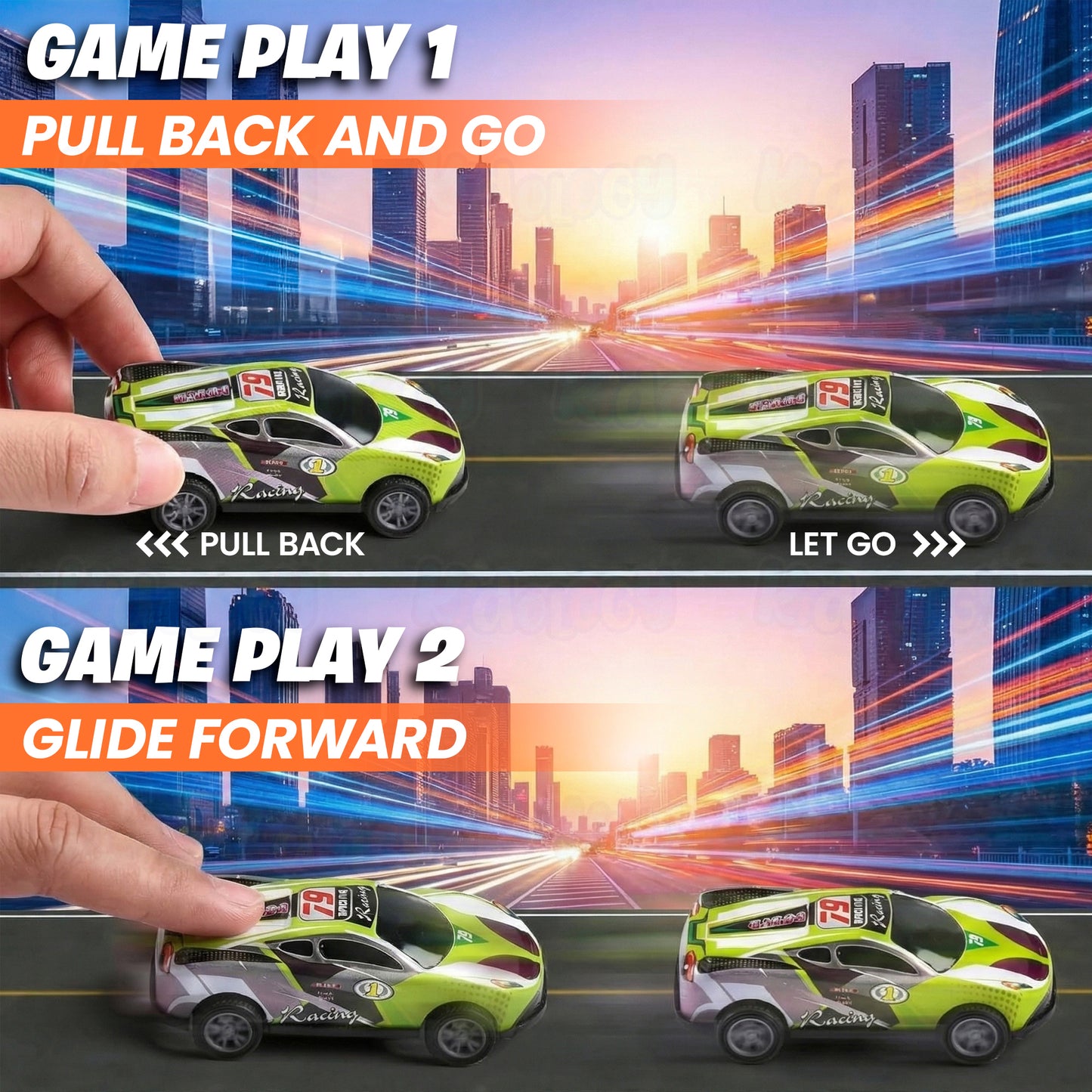 Two toy cars with different play modes on a cityscape background