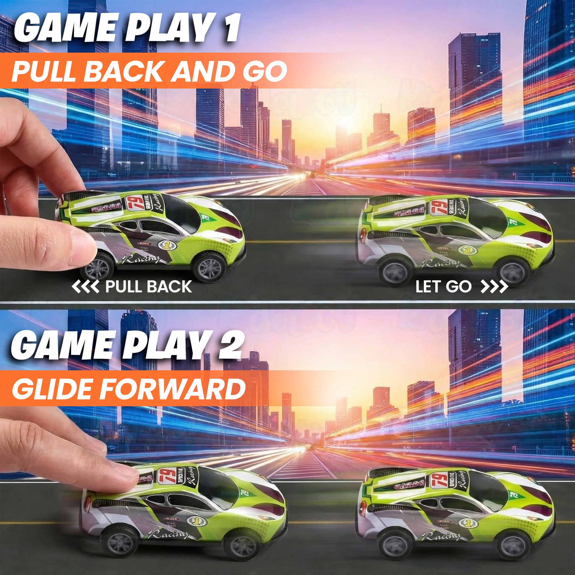 Two toy cars with different play modes on a cityscape background