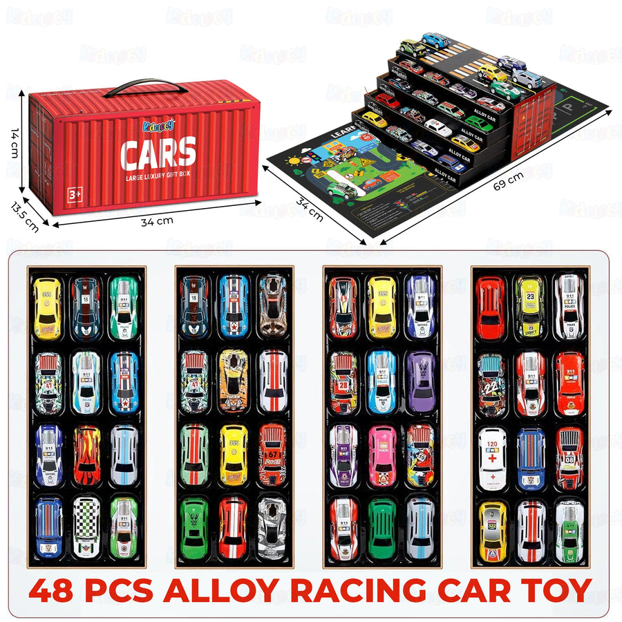 Set of 48 pcs alloy racing car toy with a red storage box and display stand.