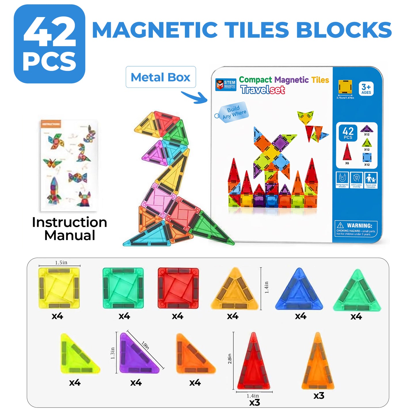 42 PCS Magnetic Tiles Travel Set STEM Building Blocks
