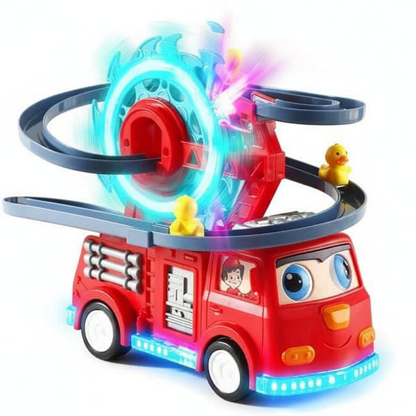 Toy fire truck with flashing lights and a slide carrying small ducks down its side