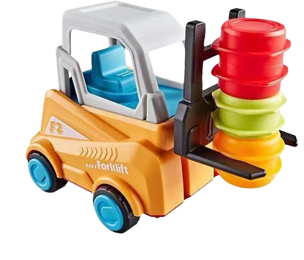 Forklift stacking game with mini forklifts, coloured barrels and challenge cards