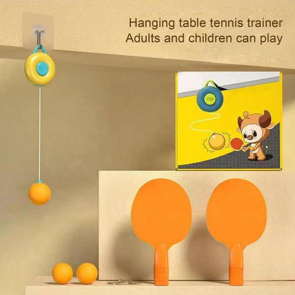Hanging tennis set with a ball on an elastic cord suspended from a round hook