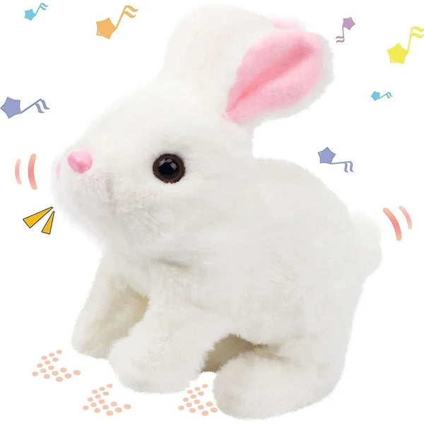 Plush toy rabbit shown mid-hop with upright ears and a twitching nose