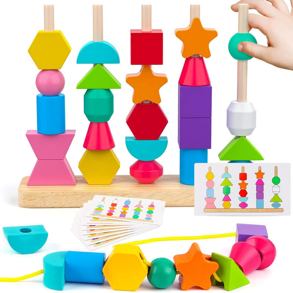 Wooden activity toy with shape sorting, threading beads and pattern cards
