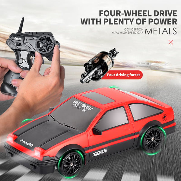 Remote-control drift car with spare wheels and its controller alongside