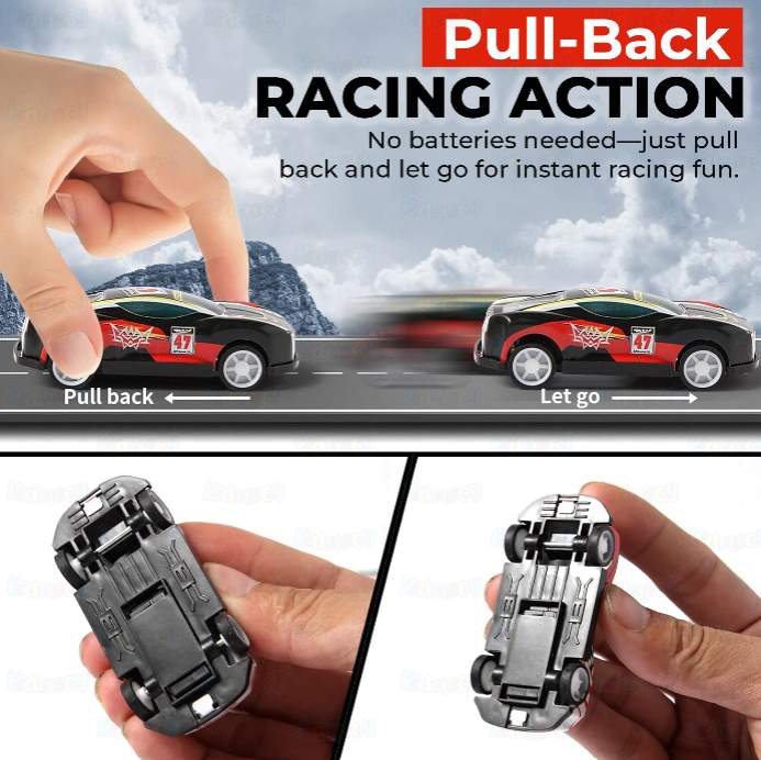 Pull-back racing toy car shown in a promotional graphic with a hand pulling it, text reading 'Pull-Back RACING ACTION,' and two close-up views of the toy car's underside held in a hand.