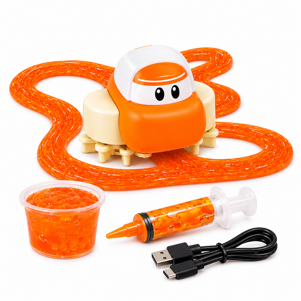 Toy car following a slime trail drawn on a surface, with the slime pot beside it