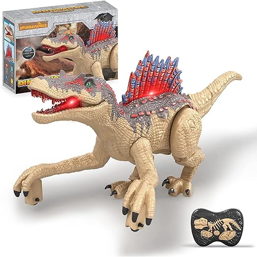 Remote-control dinosaur walking forward with glowing eyes and open jaws
