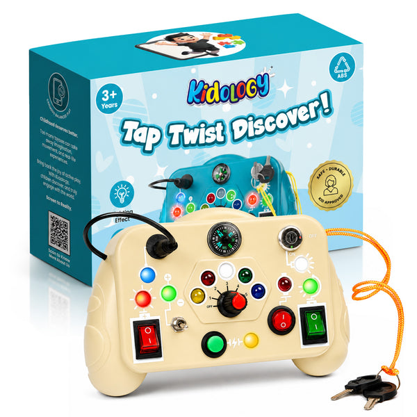 Compact Montessori busy board with working light switches